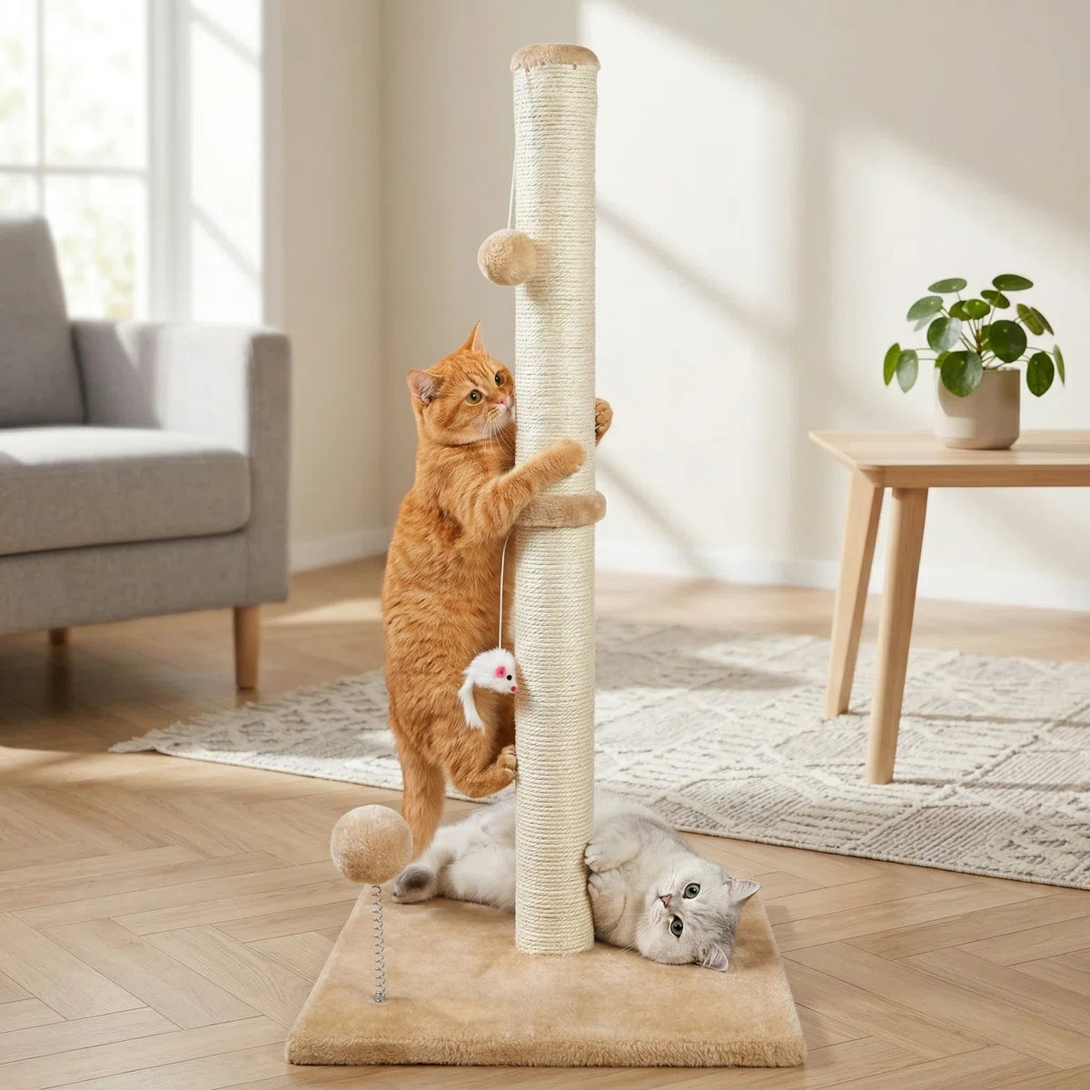 32-Inch 3-in-1 Vertical Cat Scratching Post with Plush Toys & Reinforced Base, Premium Sisal, Beige