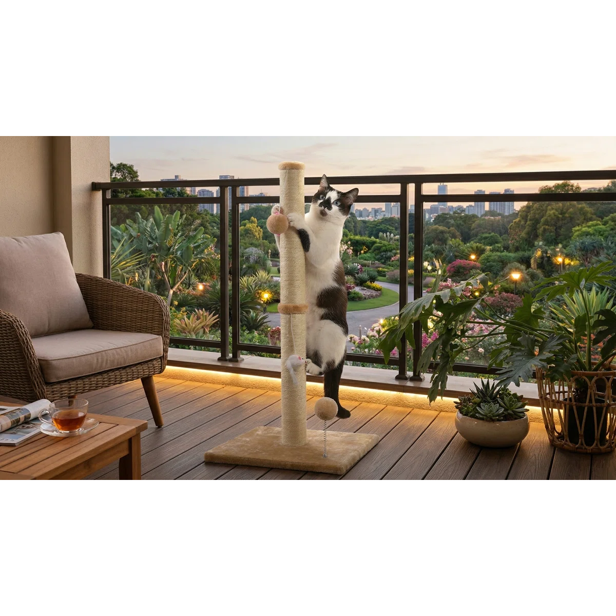 32-Inch 3-in-1 Vertical Cat Scratching Post with Plush Toys & Reinforced Base, Premium Sisal, Beige