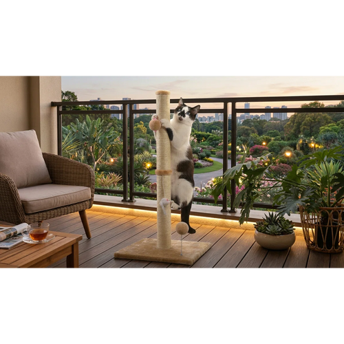 32-Inch 3-in-1 Vertical Cat Scratching Post with Plush Toys & Reinforced Base, Premium Sisal, Beige