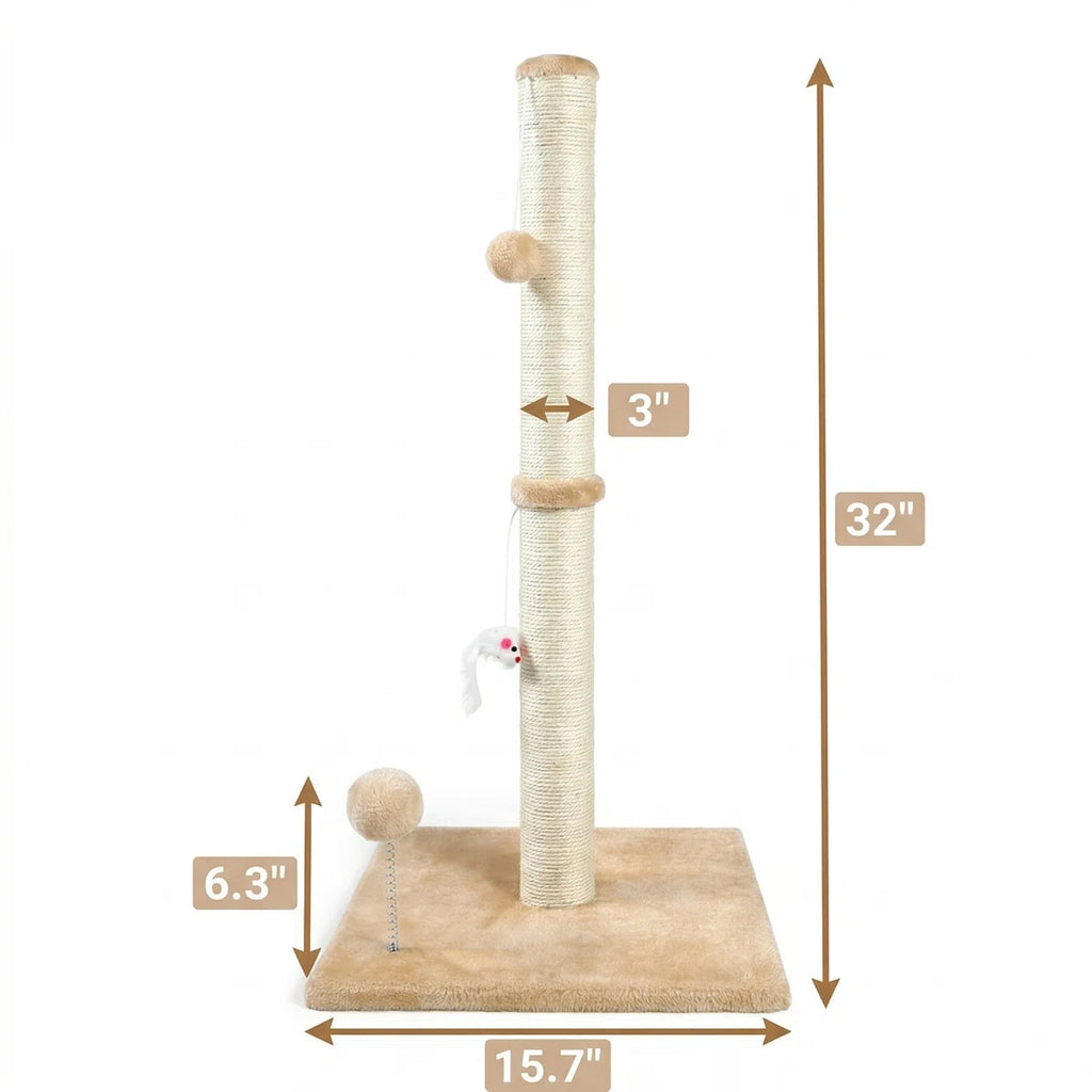 32-Inch 3-in-1 Vertical Cat Scratching Post with Plush Toys & Reinforced Base, Premium Sisal, Beige