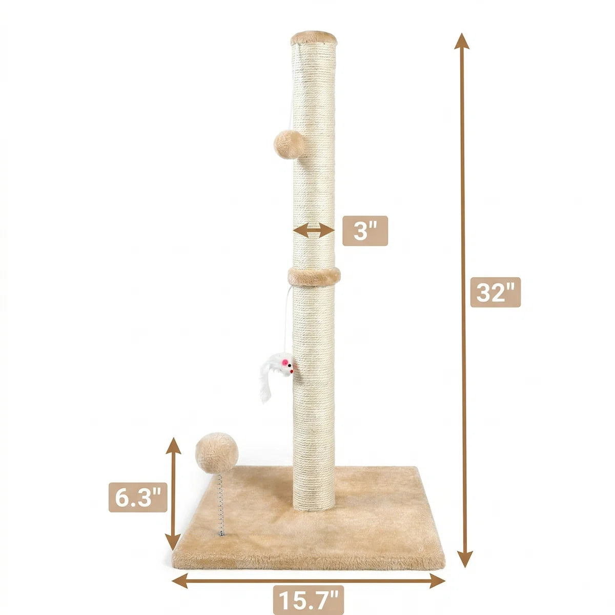 32-Inch 3-in-1 Vertical Cat Scratching Post with Plush Toys & Reinforced Base, Premium Sisal, Beige