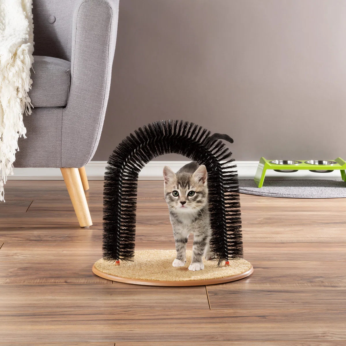 PETMAKER Cat Self-Groomer - Bristle Ring Brush Cat Arch with Carpeted Base, Back Scratcher and Massager for Controlling Shedding and Claws
